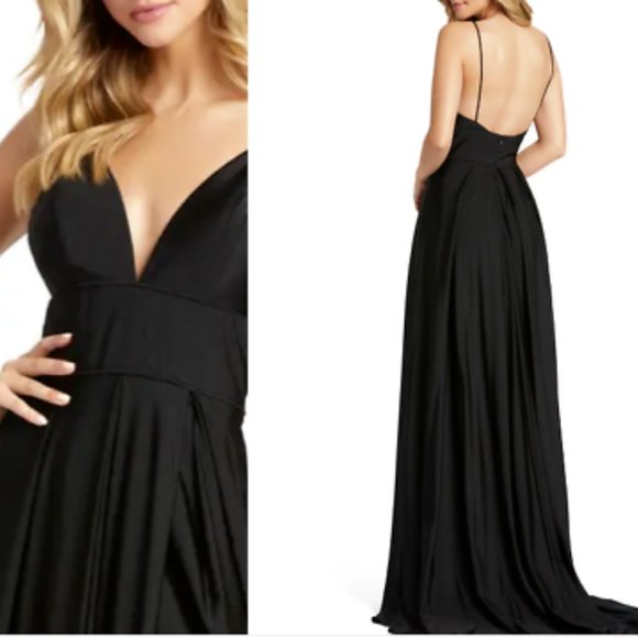 MAC DUGGAL PLUNGE NECK HIGH SLIT BLACK SHIMMER GOWN sz 2 - Picture 2 of 5